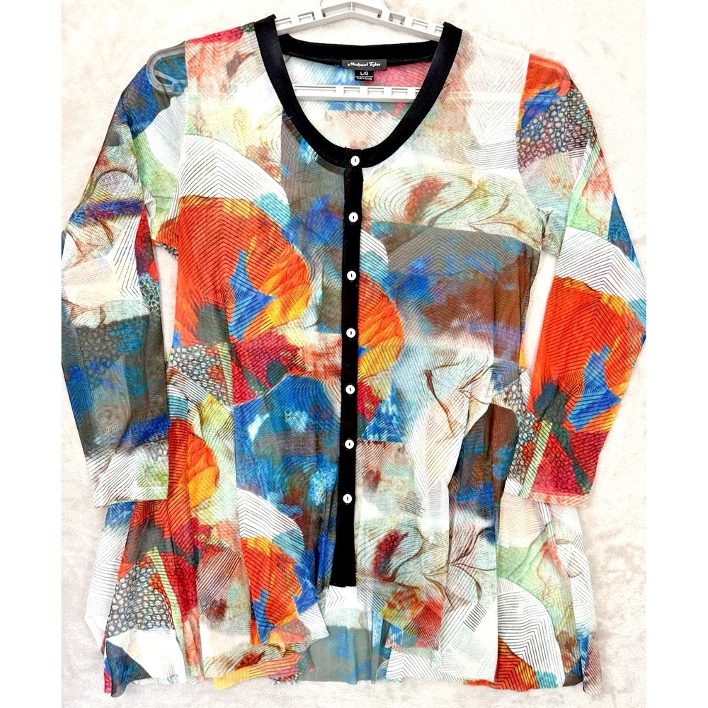 Michael Tyler Women  Large Multi Color Tunic Top Button Up People Bottom Sheer - Picture 3 of 10